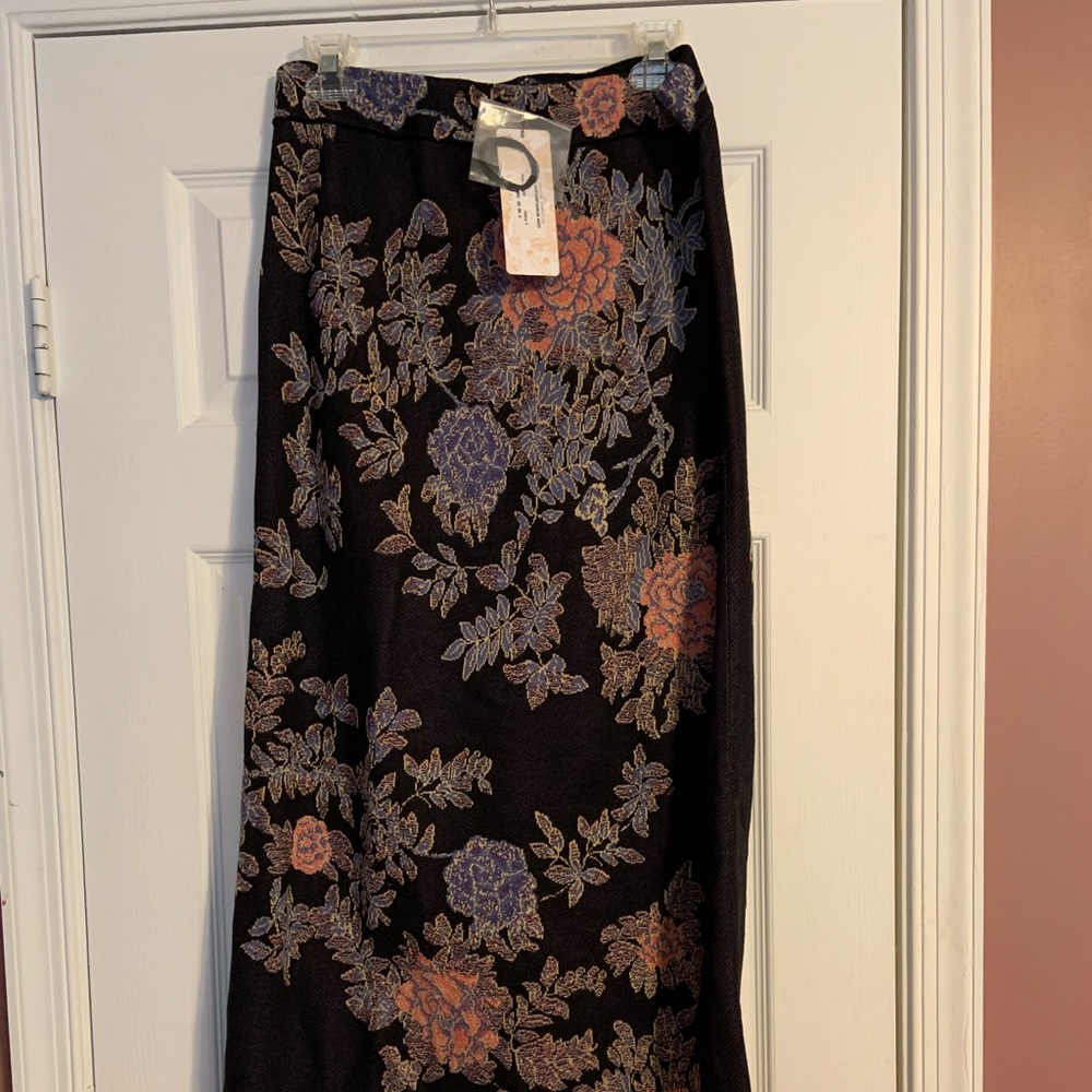 Peruvian Connection Black A-Line Skirt with Floral Motif (Blue, Pink, Gold)